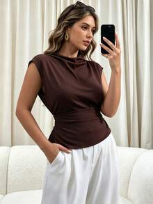 Elegantrix Áo tay ngắn cổ cao ôm eo, thích hợp mặc hàng ngày. - màu nâu - Xem 3