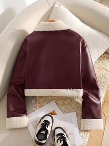 SHEIN Tween Girl Casual Street Chic Motorcycle Collar Metal Zipper Closure PU Lined Fleece Composite Fleece Short Long Sleeve Lapel Patchwork Faux Fur Jacket Coat, Black In Fall/Winter - Burgundy - View 2