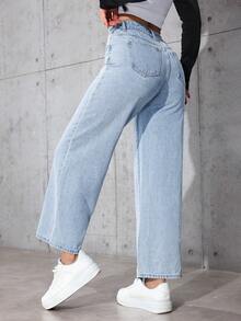 SHEIN PETITE 女款高腰口袋寬腿寬鬆休閒百搭牛仔褲 - 淺色水洗藍 - 查看 2