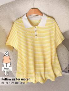 CosyJoli 大尺碼女款休閒條紋 Polo 領短袖通勤 T 恤，淡黃色 - 鵝黃色 - 查看 2