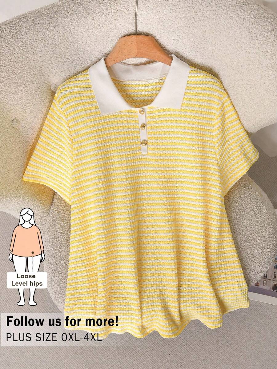 CosyJoli 大尺碼女款休閒條紋 Polo 領短袖通勤 T 恤，淡黃色