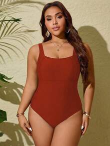 Swim Lushoire Plus Size Solid Color One-Piece Camisole Swimsuit - Red - View 4