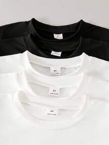 5pcs/Set Boys Fashionable Comfortable Knitted Fabric Pure White And Black Short Sleeve Crew Neck T-Shirt, Comfortable Fabric, Fashionable Fit, Spring/Summer New Style, Suitable For Multiple Seasons And Occasions - Black and White - View 5