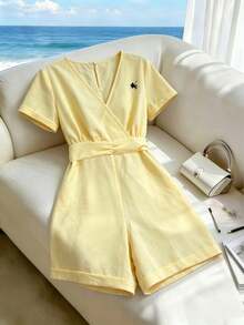 SHEIN Clasi Women's Elegant Modest Solid Color V-Neck Embroidered Pattern Waist-Cinching Wide Leg Jumpsuit, Spring/Summer Commute Casual Vacation Wear Pale Yellow - Light Yellow - View 5
