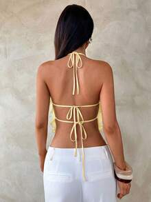 Aloruh Spring/Summer New Sexy Backless Lace-Up Design Hot Girl Sexy Slit Purple Elegant Multi-Layer Ruffle Decor Halter Neck Backless Top, Tank Top - Light Yellow - View 2