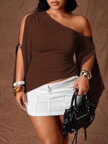 Rustia Plus Size Women's Solid Color Spicy Style One Shoulder Fashion Top Fall - Brown - View 4