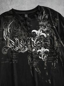 ROMWE MEN Men's Round Neck Letter Print Casual Versatile Daily Outing Short Sleeve T-Shirt - Black - View 3