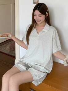 DAZY Summer Old Money Sporty Style Minimalist Casual Knit Women's Loungewear Set Pajamas - Grey - View 5