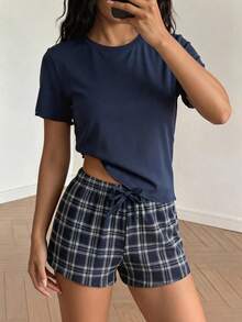 Teen Girl Casual Loose Minimalist Round Neck Short Sleeve Shorts Pajama Set, Suitable For Spring/Summer Blue Checkered - Multicolor - View 1