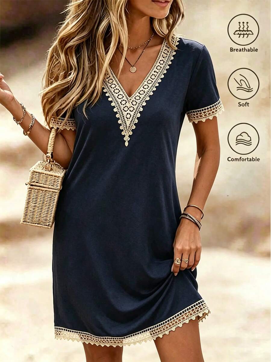 SHEIN PETITE 女款時尚V領復古刺繡蕾絲短袖休閒寬鬆黑色夏季波西米亞風繫帶度假洋裝,適合音樂節,適合嬌小女性 - 藏蓝色 - 查看 1