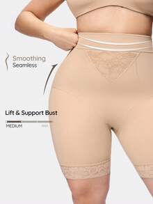 SHAPORA Plus Size Women Solid Color Contrast Lace High Waist Mid-Thigh Shorts - Apricot - View 1