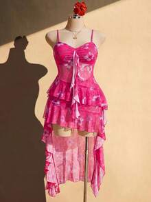SHEIN ICON Plus Size Black V-Neck Ruffle Trim Front Short Back Long Cami Dress, Y2K Sexy Ruffle Cami Dress - Hot Pink - View 5