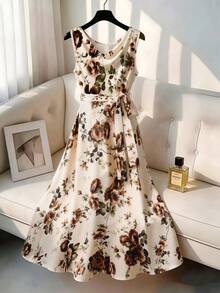 GlowEve CURVE Plus Size  Elegant Casual Floral Print Midi Dress For Women Wedding Guest Vacation Beige Fall Work Outfits  Country Party  Festival  Summer Autumn - Apricot - View 1