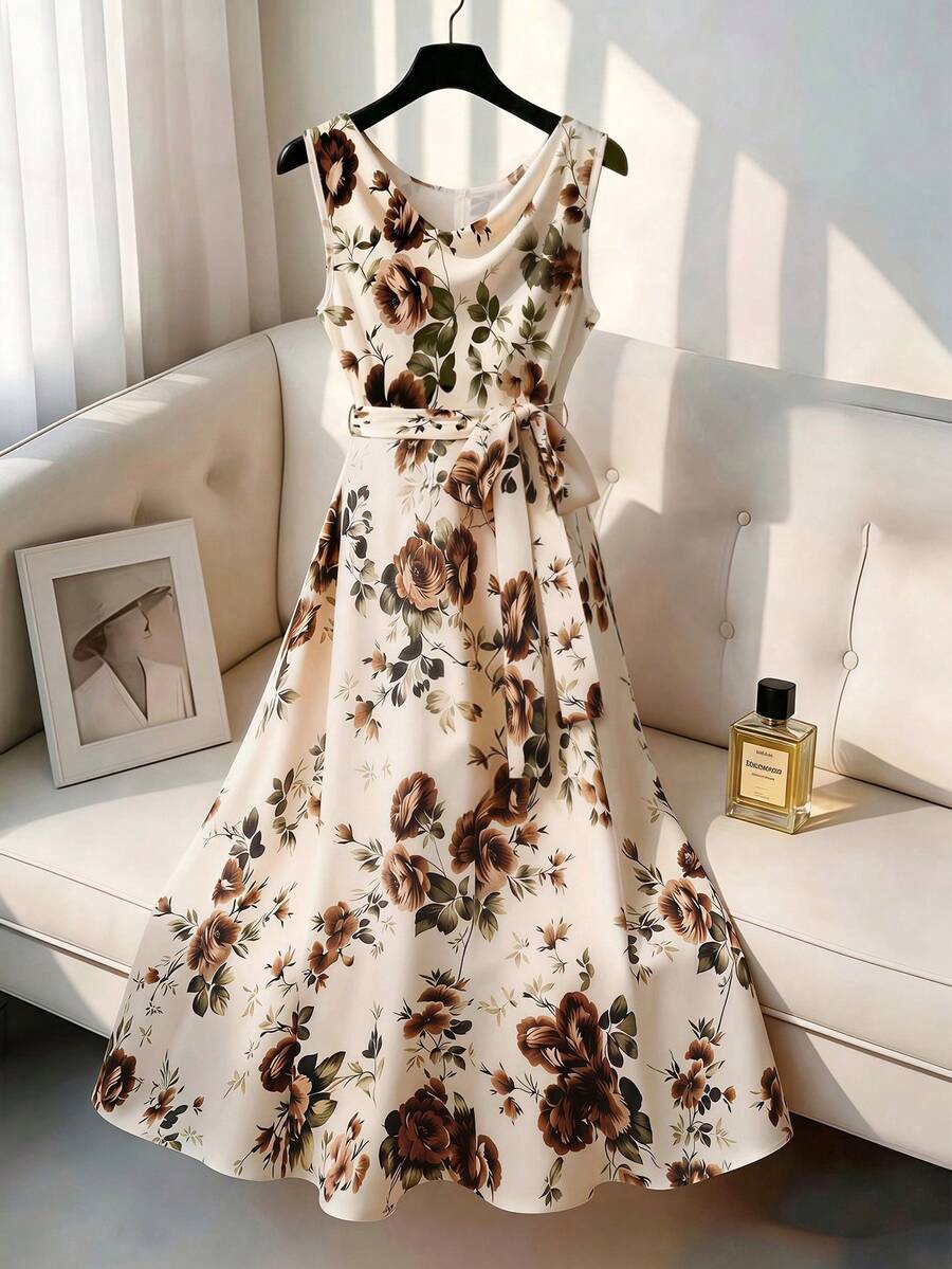 GlowEve CURVE Plus Size  Elegant Casual Floral Print Midi Dress For Women Wedding Guest Vacation Beige Fall Work Outfits  Country Party  Festival  Summer Autumn - Apricot - View 1