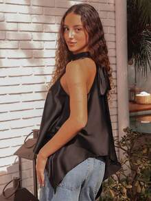 juhmazzocco Olive Green Satin Halter Neck Backless Loose Maxi Dress, Sexy A-Line Top Black Summer - Black - View 2