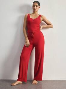 Ocili Set Piyama Tanpa Lengan Minimalis Nyaman dengan Kancing Motif Kerang, Warna Pink Muda untuk Wanita - Merah - View 6