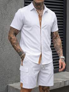 Manfinity CasualCool 男士多色襯衫套裝，白色拼接面料，春夏季成熟休閒短袖襯衫與短褲套裝 - 彩色 - 查看 5
