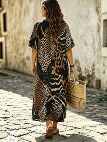 Linhara CURVE Gaun Pesta & Perjalanan Kasual Motif Leopard Leher Bulat untuk Wanita Ukuran Besar - Hitam - View 2