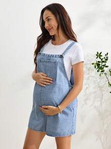 SHEIN Maternity Casual Denim Overall Shorts With Pocket Design - Medium Wash - View 3