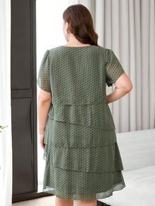 Chikora Vestido holgado de manga corta con pétalos y cuello redondo con lunares para mujer talla grande - Verde - Ver 5