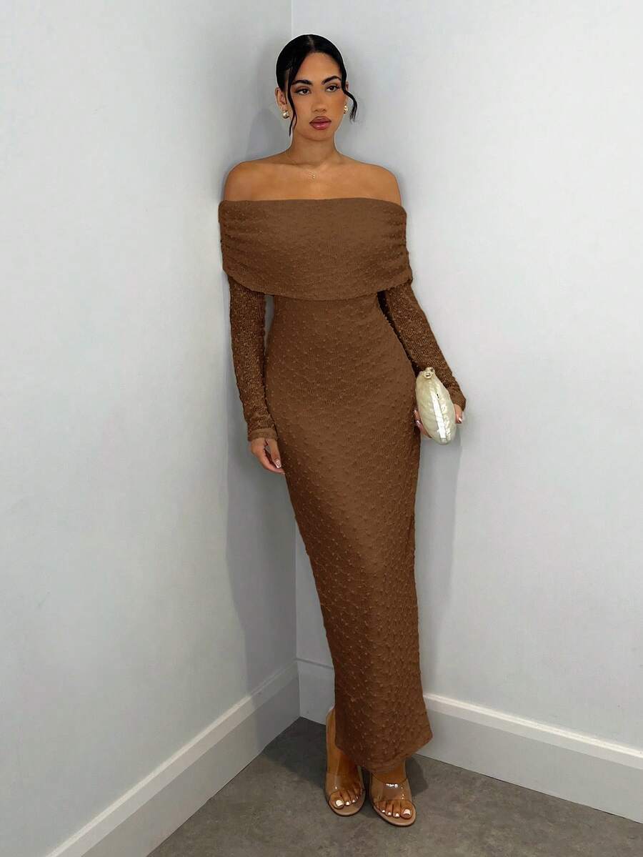 SHEIN BAE Gaun Apricot Model Bahu Terbuka, Lengan Panjang, Bahan Rajut Bertekstur, Pas Badan, Cocok untuk Kencan Romantis dan Liburan - Coffee Brown - View 1