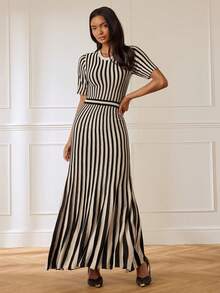 Lilora Women's Elegant Round Neck Striped Knit Dress, High-End Fashion Versatile Elegant Dress, Suitable For Commuting, Daily Casual Outings, Gatherings, Dates, Parties, Leisure, Outings, Holidays, Vacations, Summer, Holiday Travel - Black and White - View 4