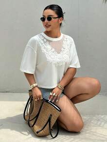 Dazy Plus Plus Size Women's Spring/Summer Casual Loose White Short Sleeve T-Shirt With Small Round Neck And Contrast Lace Design - White - View 4