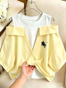 GlowEve 女款假兩件刺繡襯衫，夏季套裝，女款度假套裝，黑白拼接上衣度假套裝女款 - 鵝黃色 - 查看 1