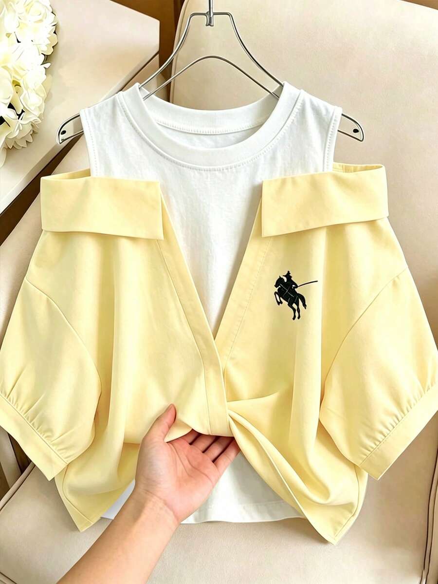 GlowEve 女款假兩件刺繡襯衫，夏季套裝，女款度假套裝，黑白拼接上衣度假套裝女款 - 鵝黃色 - 查看 1