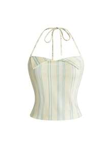 Sweetness Sexy Girl Casual Yellow Striped Halter Neck Crop Top And High Waist A-Line Mini Skirt 2 Pieces Set - Light Yellow - View 5