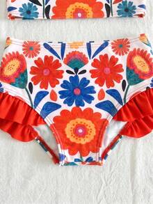 SHEIN Conjunto de Bikini con Decoración de Lazo y Estampado Floral para Niñas Jóvenes - Multicolor - Ver 5