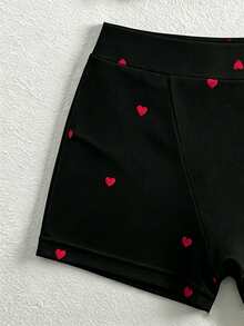 INAWLY 2pcs/Set Casual Fitted Heart Print Square Neck Tank Top & Shorts Pajama Set,Summer,Holiday - Black - View 6