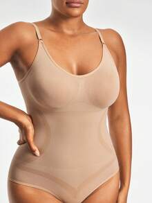 SHAPORA Plus Size Seamless Brief Spaghetti Strap Bodysuit Body Shaper Bust&Butt Lifter With Adjustable Strapes-Tummy Waist Control - Apricot - View 7