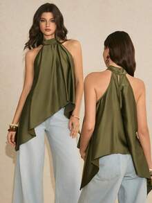 Poéselle Blusa casual asimétrica con cuello de halter en color verde, blusa elegante para mujer, blusas casuales para mujer, para vacaciones, estilo Y2K, blusa verde, blusa de verano, para mujer en primavera, blusa para salir para mujer, primavera/verano - Blanco y Negro - Ver 5