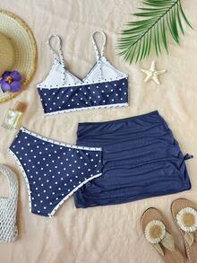SHEIN Teen Girl Beach Vacation Turquoise Print Swimsuit Set With Cover Up Skirt 3-Piece Set Summer - Royal Blue - View 2
