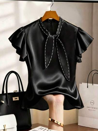 GlowEve CURVE Plus Size Women's Tie Neckline Design Ruffle Short Sleeve Elegant Blouse