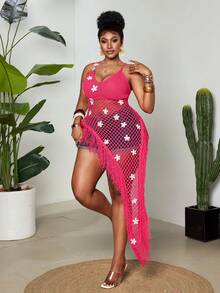 Maweii Plus Size Women's Knitwear, Knitted Top, Halter, Deep V Neckline, Asymmetric Hem, Flowers, Crochet Flowers, Openwork, Tassels, Fitted, Sexy, Women's Daily Commuting Top, Women's Clothing, Summer, Spring, Autumn, Vacation, Casual - Hot Pink - View 5