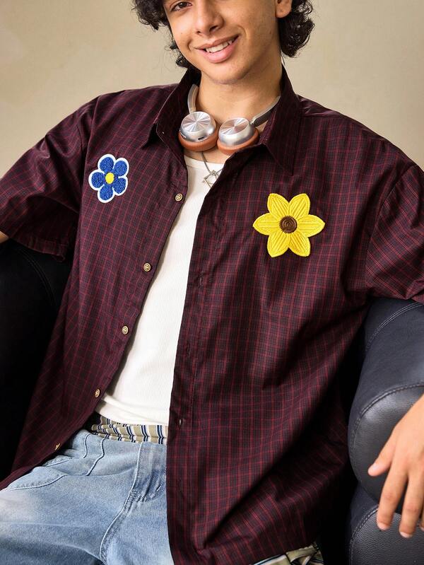 Whitmere Fashionable Plaid Embroidered Design Short Sleeve Casual Street Style Cropped Shirt For Summer