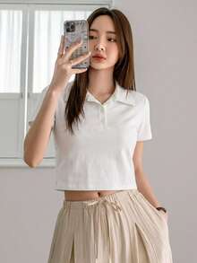 Livesso 夏季白色短版 Polo 衫 寬鬆休閒街頭辦公穿搭短袖 T-shirt - 白色 - 查看 6