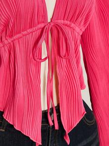 SHEIN ICON Women's Plus Size Textured Black Front Lace-Up Top Fall - Hot Pink - View 8