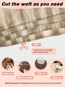 Extensiones de cabello cosidas sin costuras de 100g con reflejos rubio ceniza de mezcla natural, cabello humano real negro de 22 pulgadas, extensiones de cabello Remy de doble trama para volumen y longitud - S18/613 - Ver 3