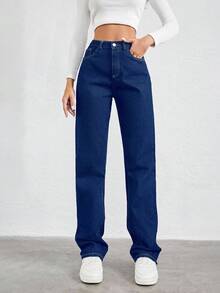 EURMUSE Jeans de pierna recta con bolsillos inclinados 100% de algodón - Azul Marino - Ver 1