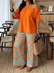 Weeklong Plus Size Orange Off-Shoulder Loose Top & Geometric Print Wide Leg Pants Set, Casual Resort Style For Spring Summer Fall - Multicolor - View 3