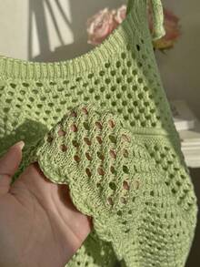 Comfortcana 大尺碼網紗鏤空繫帶針織細肩帶背心 萊姆綠 夏季可愛波希米亞風 度假郵輪約會穿搭 - 綠色 - 查看 4