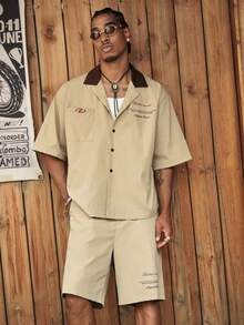 CalleClaro Men's Contrast Color Splice Collar Short Sleeve Shirt Set, Front Button, Summer - Khaki - View 6