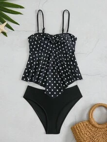 Swim Lushoire 女款夏季海灘波點荷葉邊分體式比基尼上衣與三角比基尼下褲兩件式泳衣套裝 - 黑與白 - 查看 4