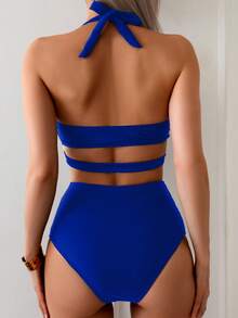 Swim Basics Bestselling Halter Tie Strap Bikini Set, Black, Beach Holiday, Swimwear For Swimming, Beach Party - Royal Blue - View 2