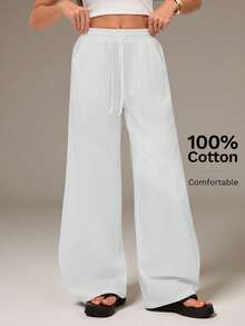 SHEIN Tall 女款夏季鄉村音樂會外穿海灘波希米亞風基礎極簡水洗100%純棉白色弧形下擺寬腿運動褲海灘褲，適合高個女性 - 白色 - 查看 4
