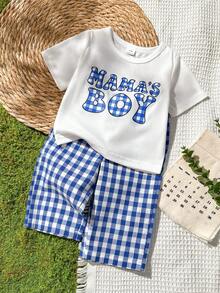 SHEIN Vintaside Kids طقم من قطعتين لملابس الأطفال الأولاد، ملابس علوية قصير الأكمام كاجوال لطيف وبنطال كاروهات، مناسب للصيف والسفر - الأزرق - مشاهدة 4