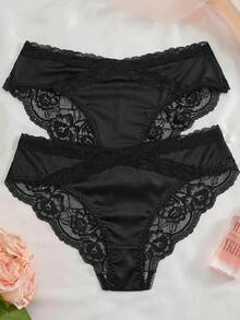 SHEIN Women's 2pcs Charming Black & Red Heart Lace Criss-Cross Mesh Rose Design Series Triangle Panties - Black - View 1